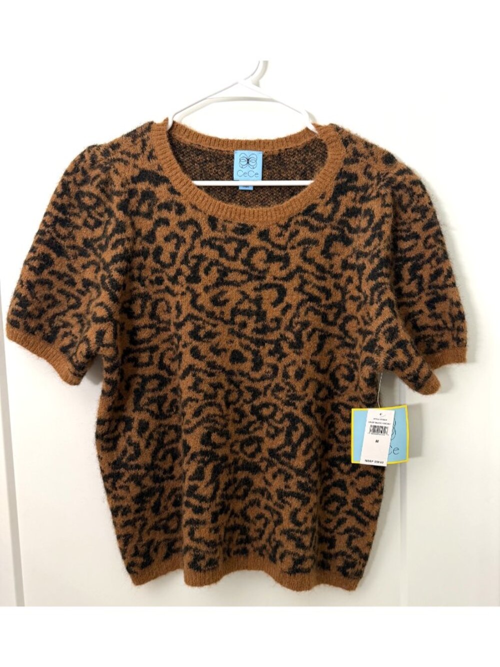 Cece Women’s Size M Leopard Print Short Sleeve 8% Wool Blend Sweater NWT